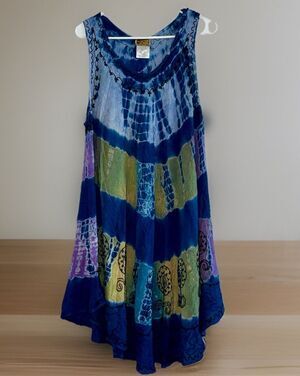 Ingear Tie Dye Umbrella Dress Blue Green Embroidered Floral Festival Rave Wear